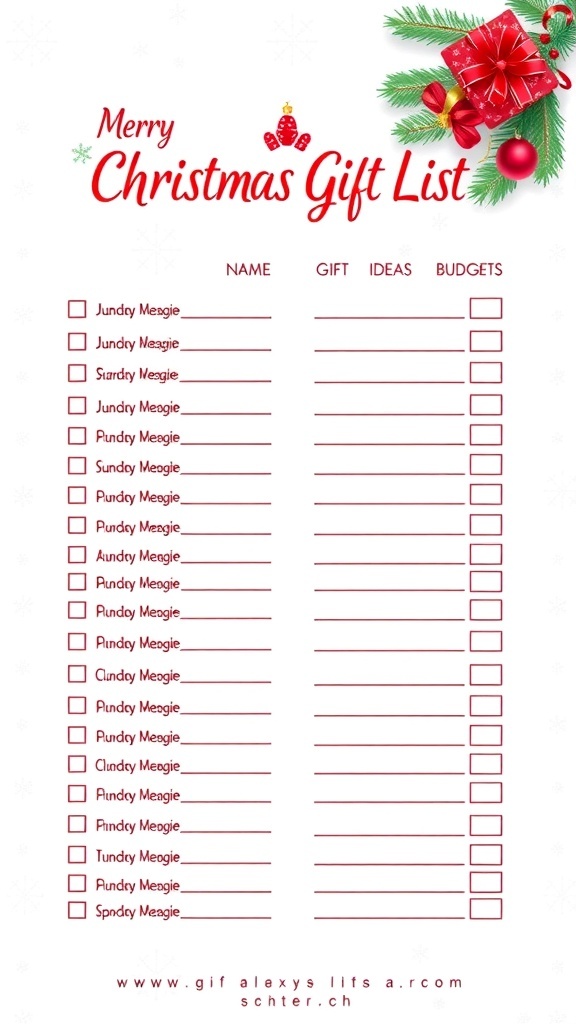 A colorful Christmas gift list template with sections for names, gift ideas, and checkboxes.